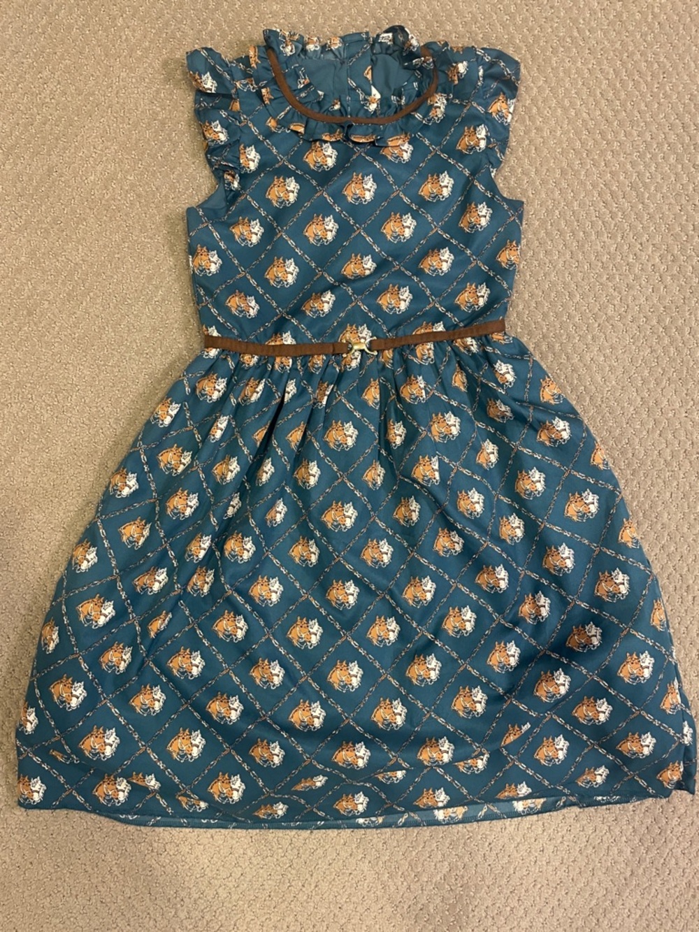 Janie and Jack Teal Horse Print Ruffle Collar Dress with Brown Belt